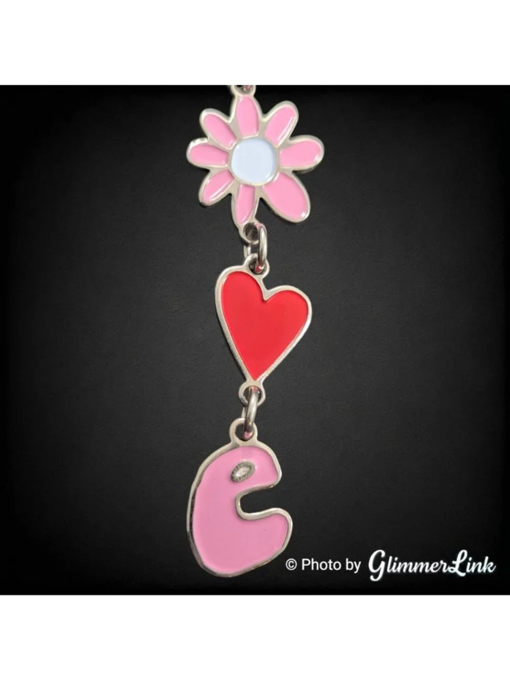 LOVE Enamel Charm Keychain Silver Tone Flower Heart Y2K Style